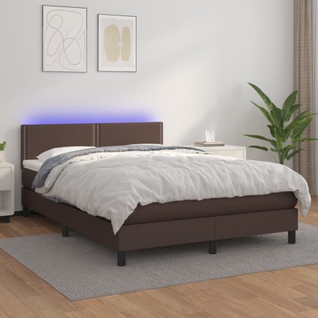 vidaXL Cama box spring colchón y LED cuero sintético marrón 140x200 cm