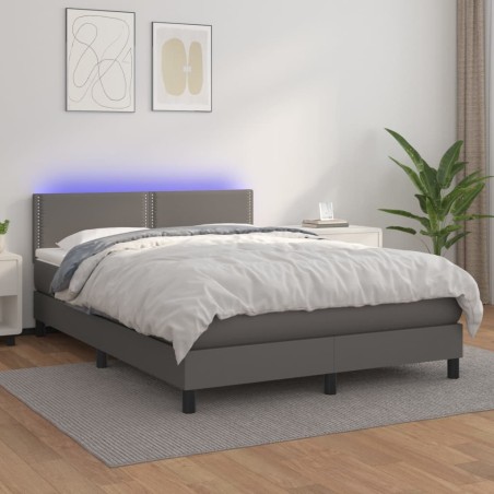 vidaXL Cama box spring colchón y LED cuero sintético gris 140x190 cm