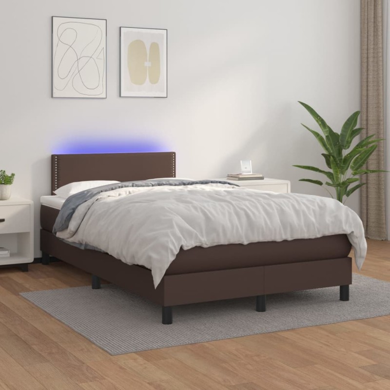 vidaXL Cama box spring colchón y LED cuero sintético marrón 120x200 cm vidaXL Cama box spring colchón y LED cuero sintético marrón 120x200 cm