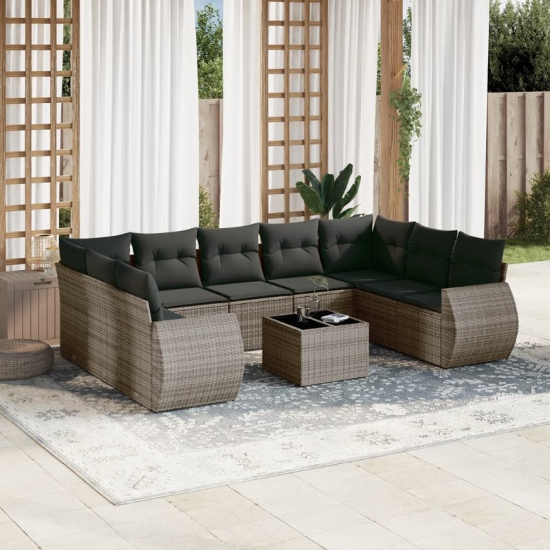 vidaXL Set de sofás de jardín 10 pzas con cojines ratán sintético gris vidaXL Set de sofás de jardín 10 pzas con cojines ratán sintético gris