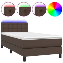 vidaXL Cama box spring y colchón LED cuero sintético marrón 90x200 cm