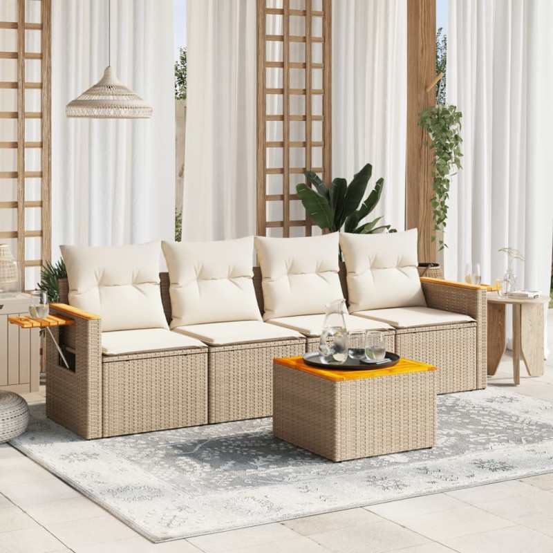 vidaXL Juego de sofás jardín con cojines 5 pzas ratán sintético beige vidaXL Juego de sofás jardín con cojines 5 pzas ratán sintético beige
