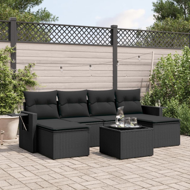 vidaXL Set de comedor de jardín 7 pzas y cojines ratán sintético negro vidaXL Set de comedor de jardín 7 pzas y cojines ratán sintético negro