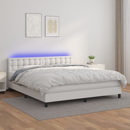 vidaXL Cama box spring colchón y LED cuero sintético blanco 180x200 cm