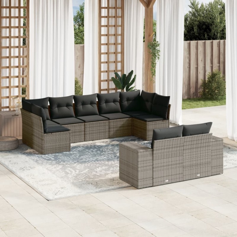 vidaXL Set de muebles de jardín 9 pzas y cojines ratán sintético gris vidaXL Set de muebles de jardín 9 pzas y cojines ratán sintético gris