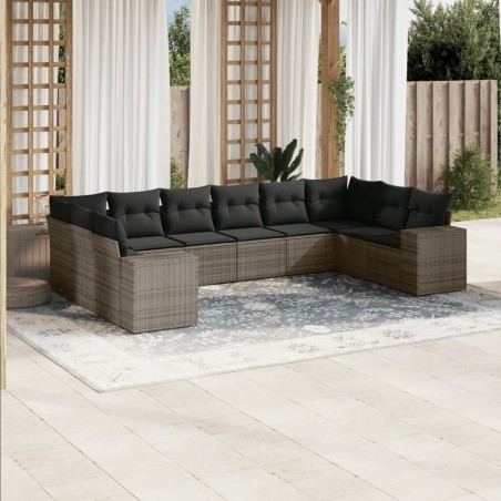 vidaXL Set de sofás de jardín 10 pzas con cojines ratán sintético gris