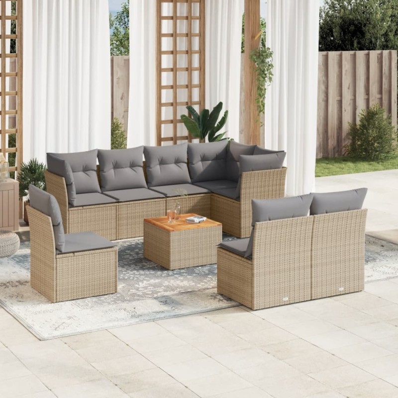 vidaXL Juego de sofás jardín con cojines beige mezcla 9 pzas ratán PE vidaXL Juego de sofás jardín con cojines beige mezcla 9 pzas ratán PE