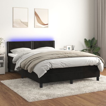 vidaXL Cama box spring colchón y LED terciopelo negro 140x190 cm