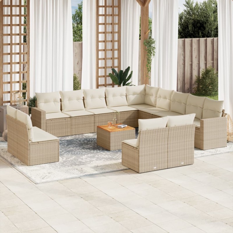 vidaXL Set sofás de jardín 14 pzas con cojines ratán sintético beige vidaXL Set sofás de jardín 14 pzas con cojines ratán sintético beige