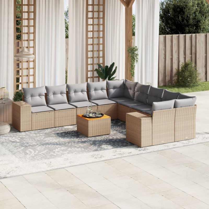 vidaXL Set de sofás de jardín 11pzas con cojines ratán sintético beige vidaXL Set de sofás de jardín 11pzas con cojines ratán sintético beige