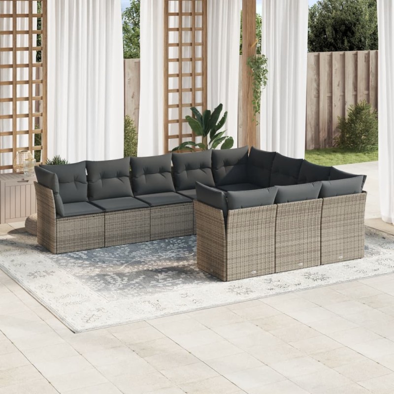 vidaXL Set de sofás de jardín 10 pzas con cojines ratán sintético gris vidaXL Set de sofás de jardín 10 pzas con cojines ratán sintético gris