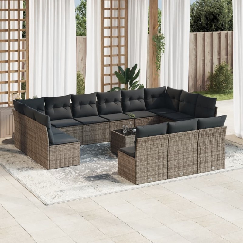 vidaXL Set de sofás de jardín 14 pzas con cojines ratán sintético gris