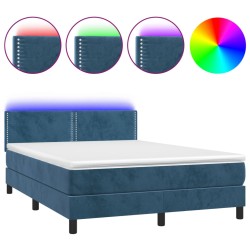 vidaXL Cama box spring colchón y LED terciopelo azul oscuro 140x190 cm