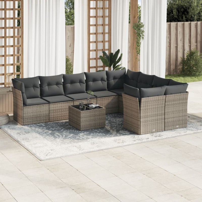 vidaXL Set de sofás de jardín 10 pzas con cojines ratán sintético gris vidaXL Set de sofás de jardín 10 pzas con cojines ratán sintético gris