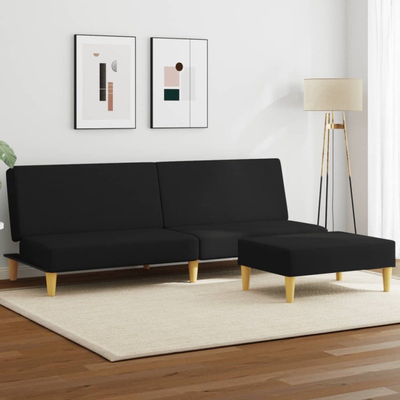 vidaXL Sofá cama de 2 plazas con taburete tela negro vidaXL Sofá cama de 2 plazas con taburete tela negro
