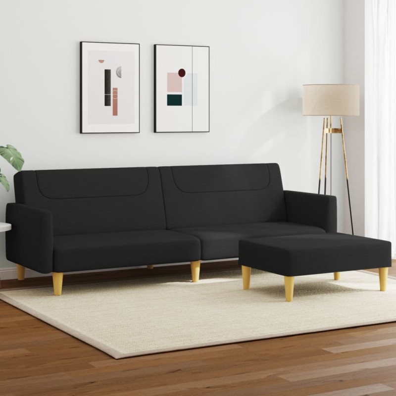 vidaXL Sofá cama de 2 plazas con taburete tela negro vidaXL Sofá cama de 2 plazas con taburete tela negro