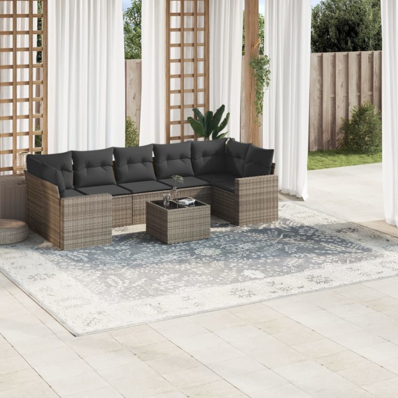 vidaXL Set de sofás de jardín 8 pzas y cojines ratán sintético gris vidaXL Set de sofás de jardín 8 pzas y cojines ratán sintético gris