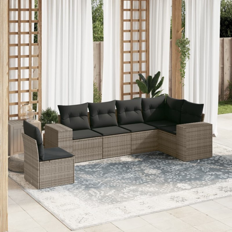 vidaXL Set de muebles de jardín 6 pzas y cojines ratán sintético gris vidaXL Set de muebles de jardín 6 pzas y cojines ratán sintético gris