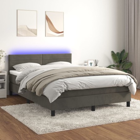 vidaXL Cama box spring colchón y LED terciopelo gris oscuro 140x200 cm