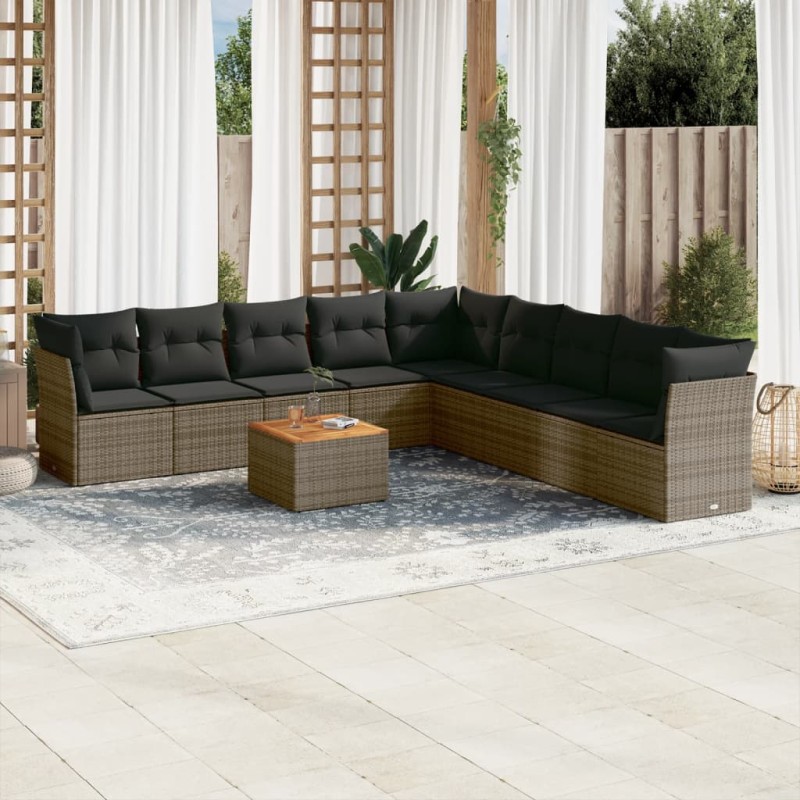 vidaXL Set de sofás de jardín 10 pzas con cojines ratán sintético gris vidaXL Set de sofás de jardín 10 pzas con cojines ratán sintético gris