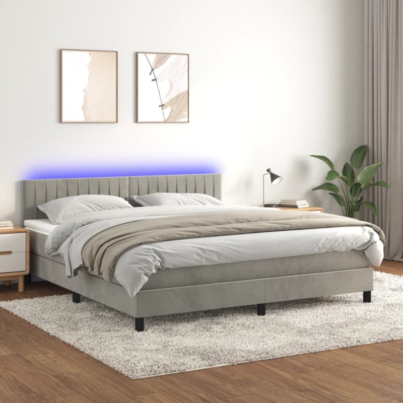 vidaXL Cama box spring colchón y LED terciopelo gris claro 180x200 cm