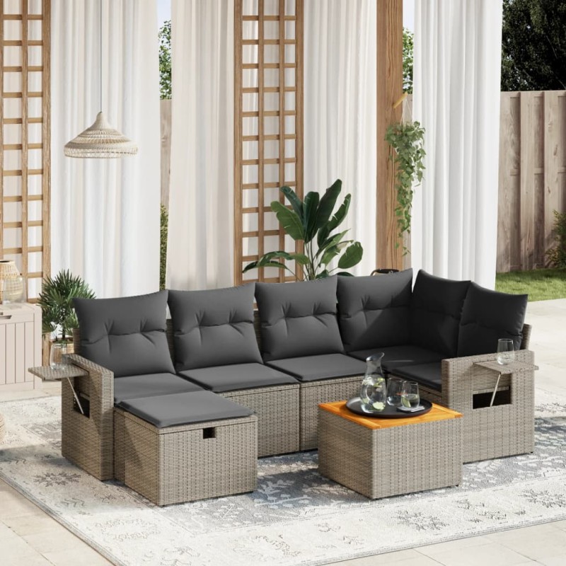 vidaXL Set de sofás de jardín 7 piezas con cojines ratán PE gris vidaXL Set de sofás de jardín 7 piezas con cojines ratán PE gris