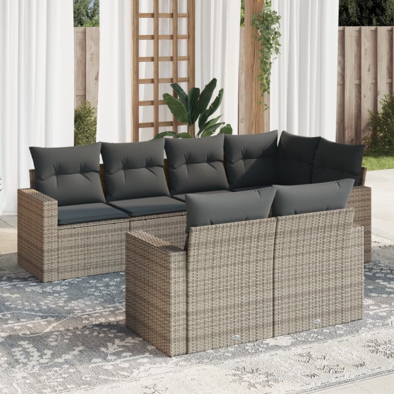 vidaXL Set de sofás de jardín 7 piezas con cojines ratán PE gris vidaXL Set de sofás de jardín 7 piezas con cojines ratán PE gris