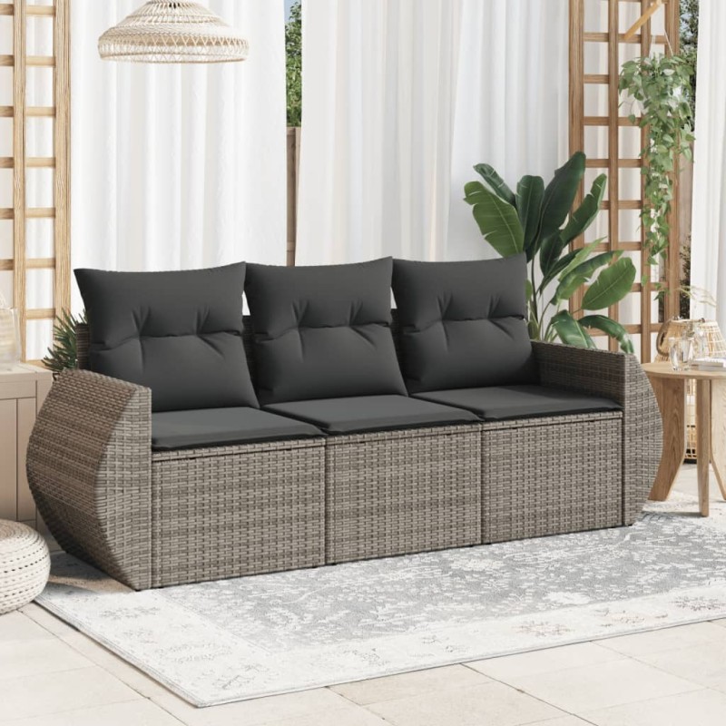 vidaXL Set de sofá de jardín 3 pzas y cojines ratán sintético gris vidaXL Set de sofá de jardín 3 pzas y cojines ratán sintético gris