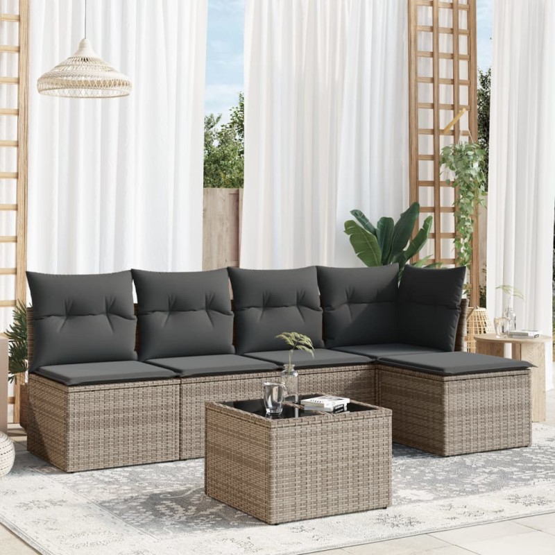 vidaXL Set de muebles de jardín 6 pzas y cojines ratán sintético gris vidaXL Set de muebles de jardín 6 pzas y cojines ratán sintético gris