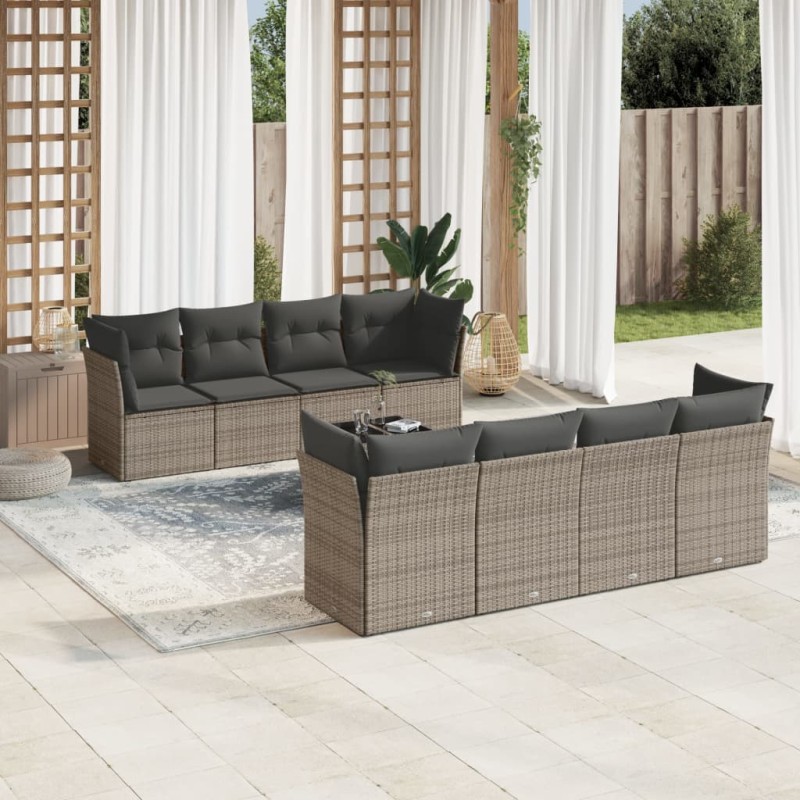 vidaXL Set de muebles de jardín 9 pzas y cojines ratán sintético gris vidaXL Set de muebles de jardín 9 pzas y cojines ratán sintético gris