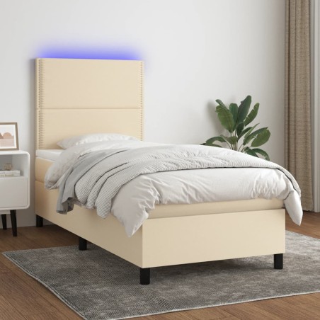 vidaXL Cama box spring colchón y luces LED tela color crema 90x190 cm