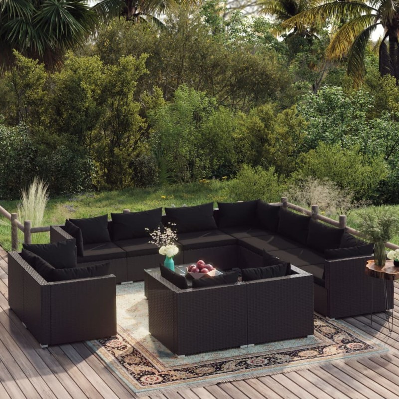 vidaXL Set de muebles de jardín 12 pzas cojines ratán sintético negro vidaXL Set de muebles de jardín 12 pzas cojines ratán sintético negro