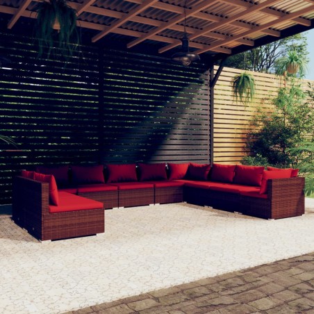 vidaXL Set muebles de jardín 10 pzas y cojines ratán sintético marrón