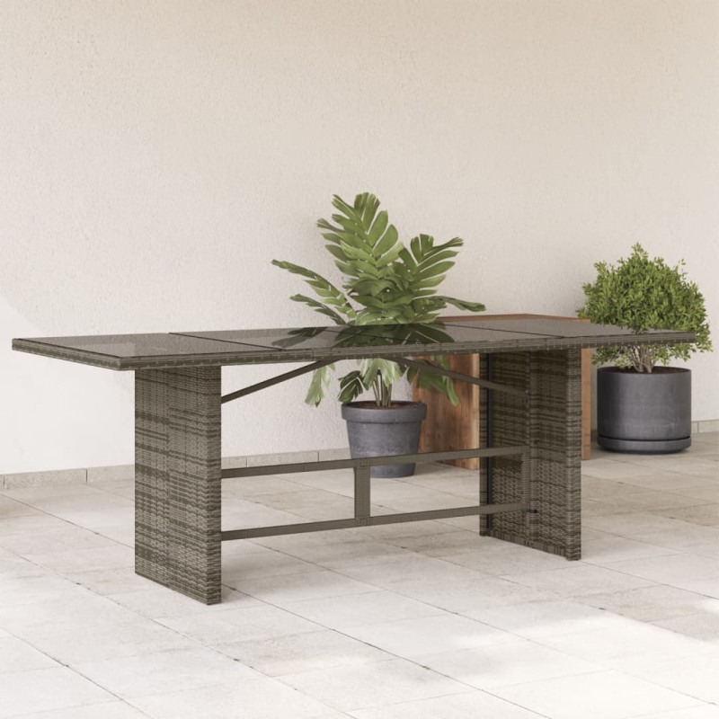 vidaXL Mesa de jardín superficie de vidrio ratán PE gris 190x80x74 cm vidaXL Mesa de jardín superficie de vidrio ratán PE gris 190x80x74 cm