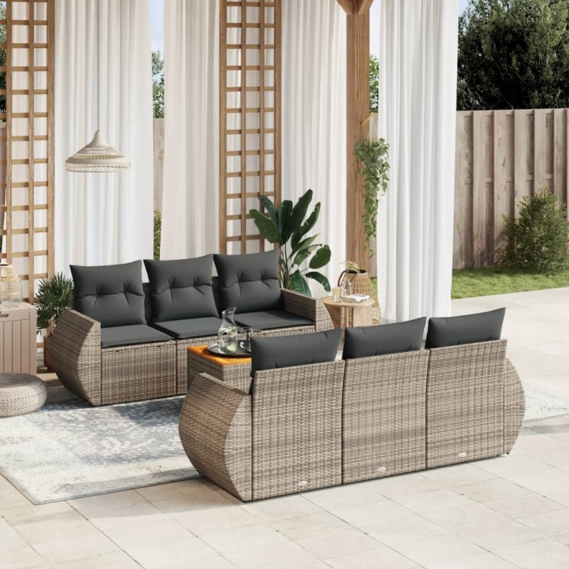 vidaXL Set de sofás de jardín 7 piezas con cojines ratán PE gris vidaXL Set de sofás de jardín 7 piezas con cojines ratán PE gris