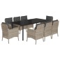 vidaXL Set comedor de jardín 9 pzas cojines ratán sintético gris claro
