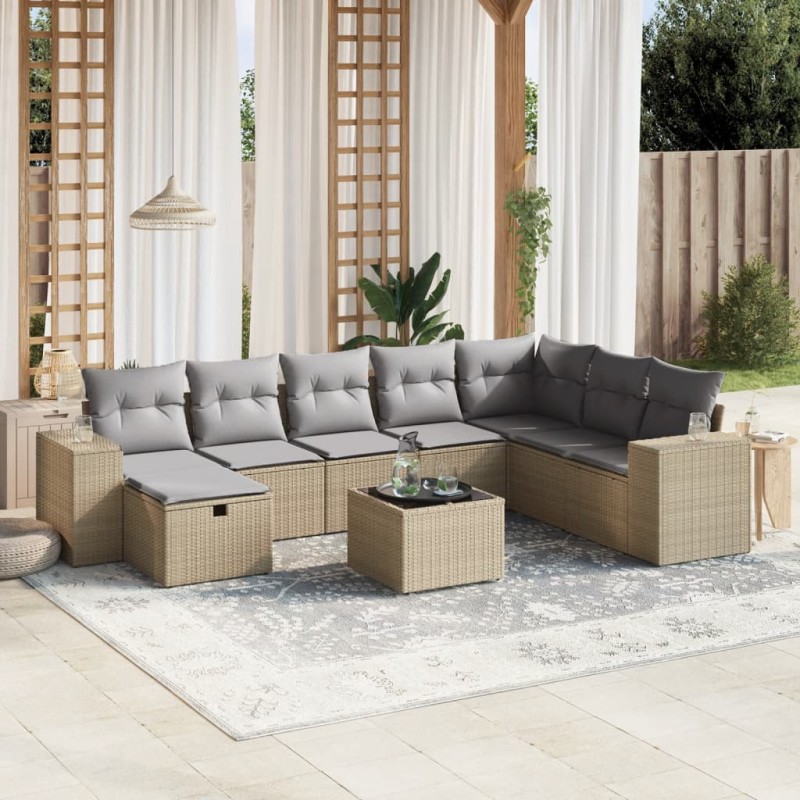 vidaXL Juego de sofás jardín con cojines beige mezcla 9 pzas ratán PE vidaXL Juego de sofás jardín con cojines beige mezcla 9 pzas ratán PE