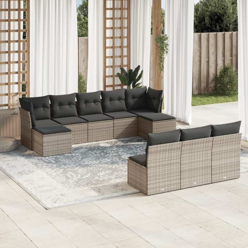 vidaXL Set de sofás de jardín 10 pzas con cojines ratán sintético gris vidaXL Set de sofás de jardín 10 pzas con cojines ratán sintético gris