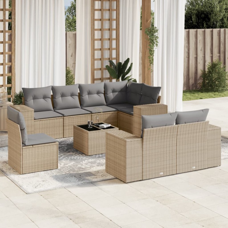 vidaXL Set de sofás de jardín 9 pzas con cojines ratán sintético beige