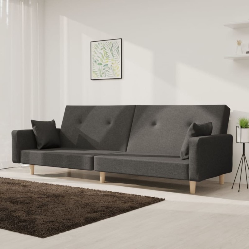 vidaXL Sofá cama de 2 plazas con dos almohadas tela gris oscuro vidaXL Sofá cama de 2 plazas con dos almohadas tela gris oscuro