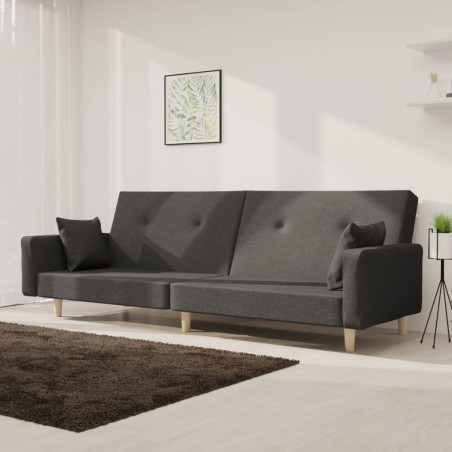 vidaXL Sofá cama de 2 plazas con dos almohadas tela gris oscuro