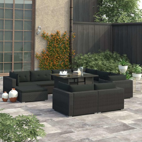 vidaXL Set muebles de jardín 10 piezas y cojines ratán sintético negro