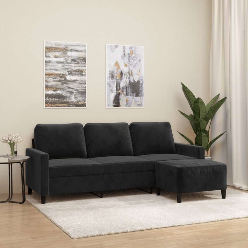 vidaXL Sofá de 3 plazas con taburete de terciopelo negro 180 cm vidaXL Sofá de 3 plazas con taburete de terciopelo negro 180 cm