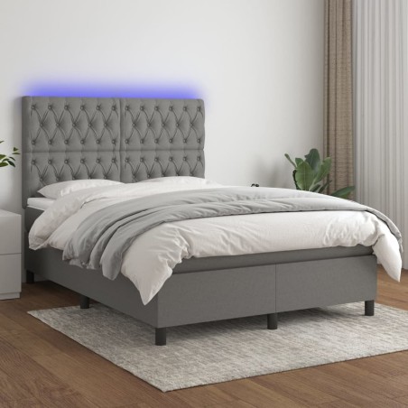 vidaXL Cama box spring colchón y luces LED tela gris oscuro 140x190 cm