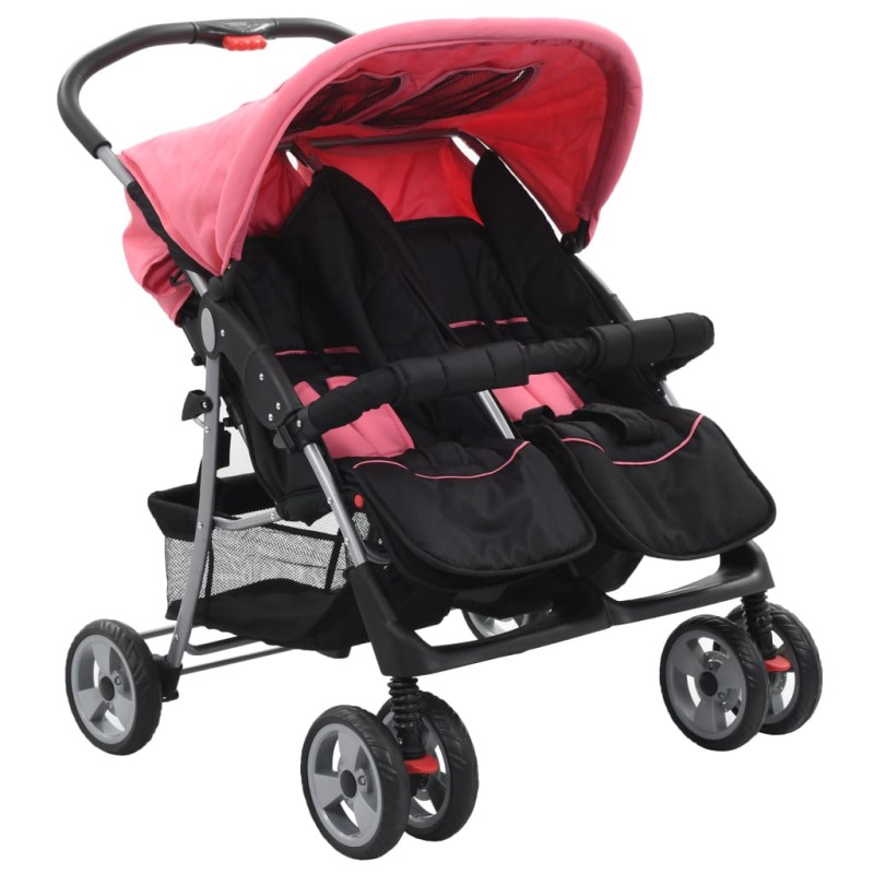 vidaXL Silla de paseo para gemelos de acero rosa y negro vidaXL Silla de paseo para gemelos de acero rosa y negro