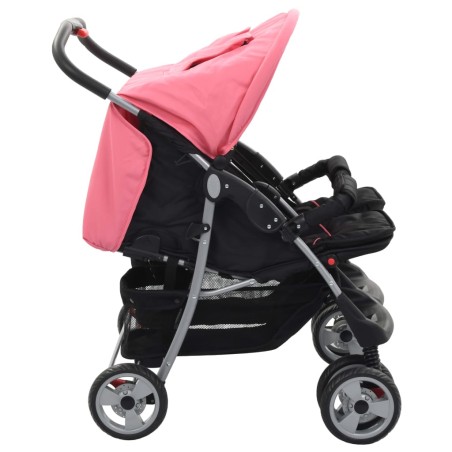 vidaXL Silla de paseo para gemelos de acero rosa y negro