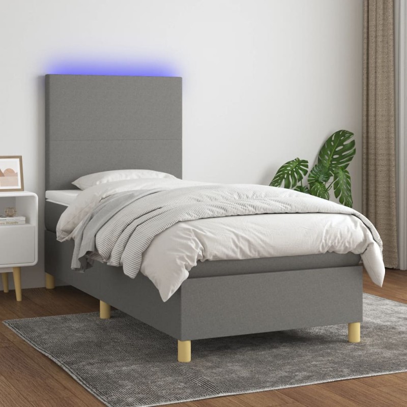 vidaXL Cama box spring colchón y luces LED tela gris oscuro 100x200 cm vidaXL Cama box spring colchón y luces LED tela gris oscuro 100x200 cm