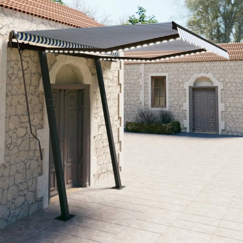 vidaXL Toldo automático con LED sensor de viento azul y blanco 3x2,5 m vidaXL Toldo automático con LED sensor de viento azul y blanco 3x2,5 m
