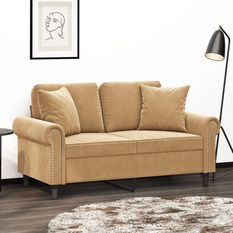 vidaXL Sofá de 2 plazas con cojines terciopelo marrón 120 cm vidaXL Sofá de 2 plazas con cojines terciopelo marrón 120 cm