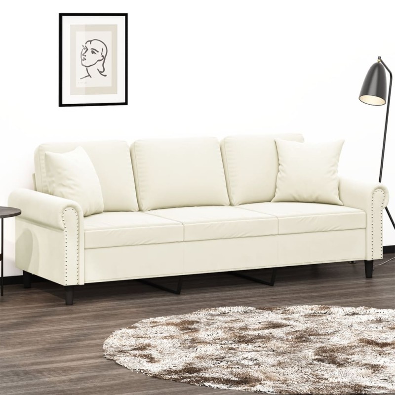 vidaXL Sofá de 3 plazas con cojines terciopelo color crema 180 cm vidaXL Sofá de 3 plazas con cojines terciopelo color crema 180 cm
